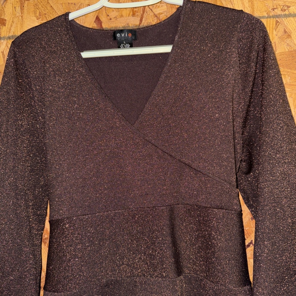 VTG Y2K Brown Wrap Tunic Top Bow Tie Back Silk Lurex Etc Shiny Party Sparkly L - Picture 2 of 6